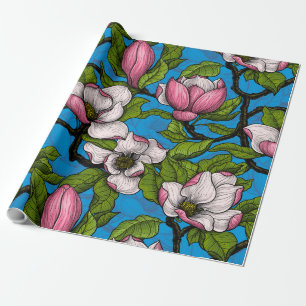 Papier Cadeau Magnolia en floraison sur bleu