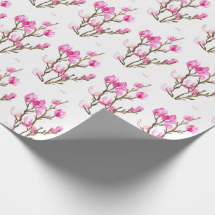 Papier Cadeau Magnolia rose floral aquarelle élégant Vintage