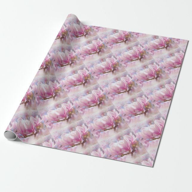 Papier Cadeau Magnolia rose-pourpre en floraison - Fleur de prin (Déroulé)