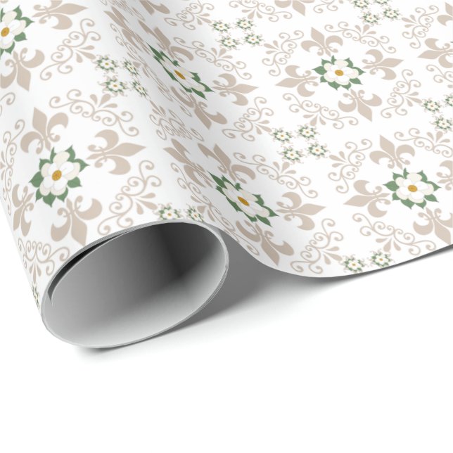 Papier Cadeau Magnolias | Fleur de Lis Motif - Greige | Blanc (Coin rond)