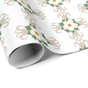 Papier Cadeau Magnolias sur les croix motif floral Greige   Blan