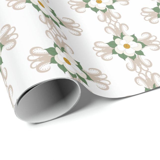 Papier Cadeau Magnolias sur les croix motif floral Greige | Blan (Coin rond)
