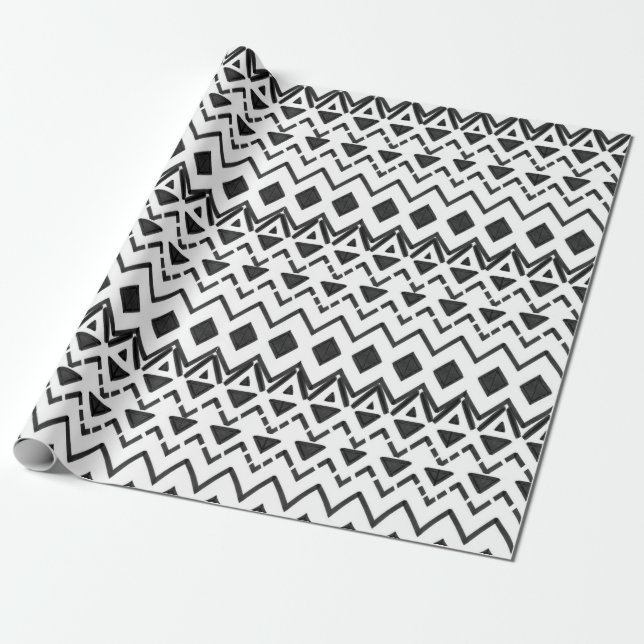 Papier Cadeau Main moderne noire et blanche dessinée Tribal Azte (Déroulé)