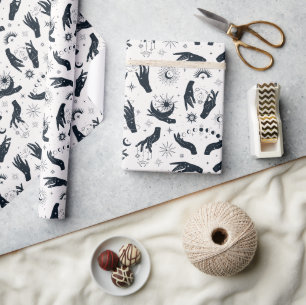 Papier Cadeau Main mystique de la Lune de Boho noir blanc