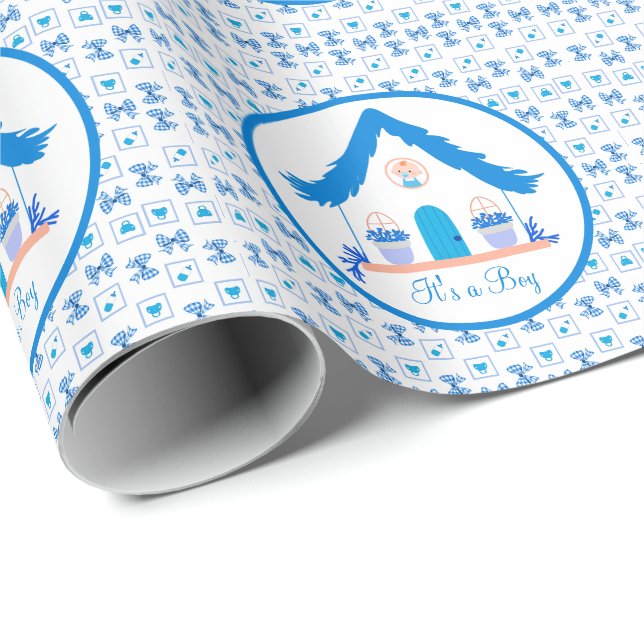 Papier Cadeau Maison bleue personnalisée C'est un Baby shower ga (Coin rond)