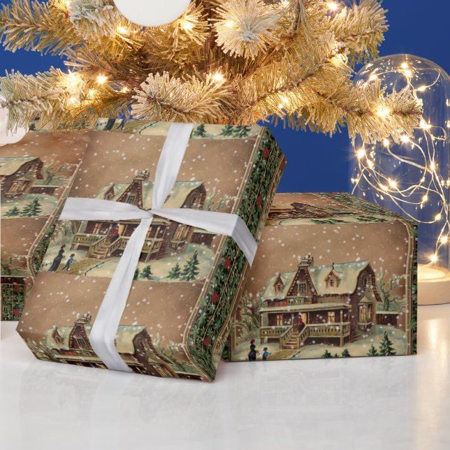 Papier Cadeau Maison de Noël victorienne en hiver Illustration (Vacances)