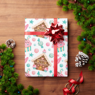 Papier Cadeau Maison de pain d'épice de Noël, Bonbons et Cupcake