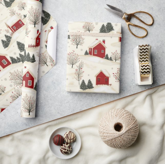 Papier Cadeau Maison d'hiver rouge de style ferme et arbres (Artisanat)