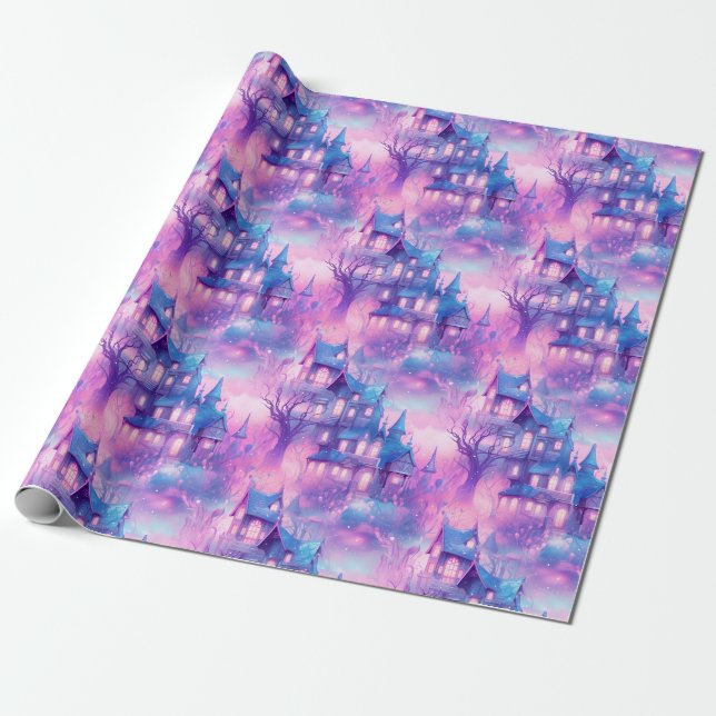 Papier Cadeau Maison Éffrayante Pastel Halloween Purples et Pink (Déroulé)