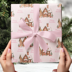 Papier Cadeau Maison en pain d'épices rose Joyeux Noël