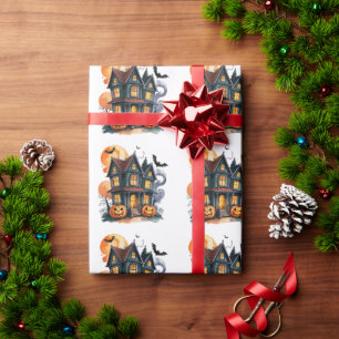Papier Cadeau Maison hantée avec Citrouilles et chauves-souris H