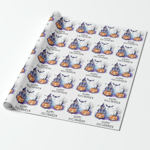Papier Cadeau Maison hantée avec Citrouilles et chauves-souris H