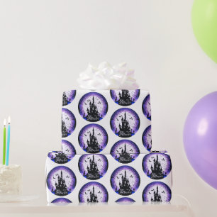 Papier Cadeau Maison Hantée Pleine Lune Chauves-souris Joyeux Ha