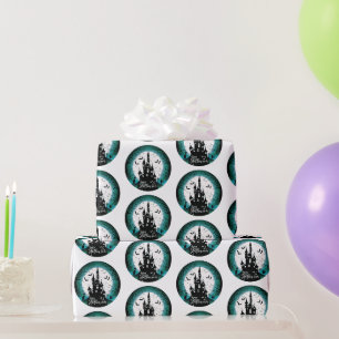 Papier Cadeau Maison Hantée Pleine Lune Chauves-souris Joyeux Ha