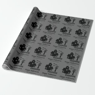 Papier Cadeau Maison hantée simple silhouette et chauves-souris 