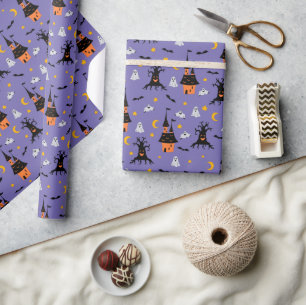 Papier Cadeau Maison Hantée Violet Épouvantable Halloween