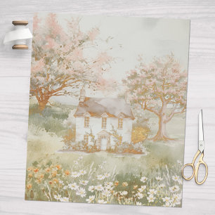 Papier Cadeau Maison Vintage dans l'Art Cottagecore de la Prairi