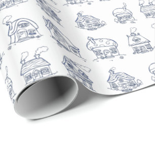 Papier Cadeau Maisons bleues et blanches Motif illustré