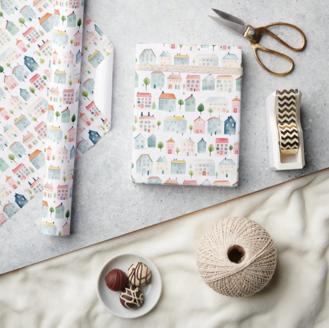 Papier Cadeau Maisons couleur aquarelle (Artisanat)