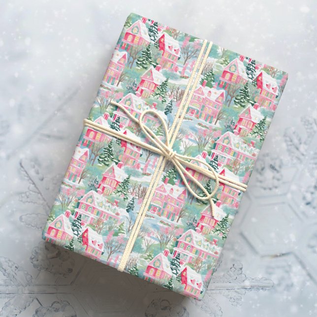 Papier Cadeau Maisons de Noël Roses Neige (Créateur téléchargé)