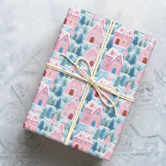 Papier Cadeau Maisons de Noël Roses Neige (Créateur téléchargé)