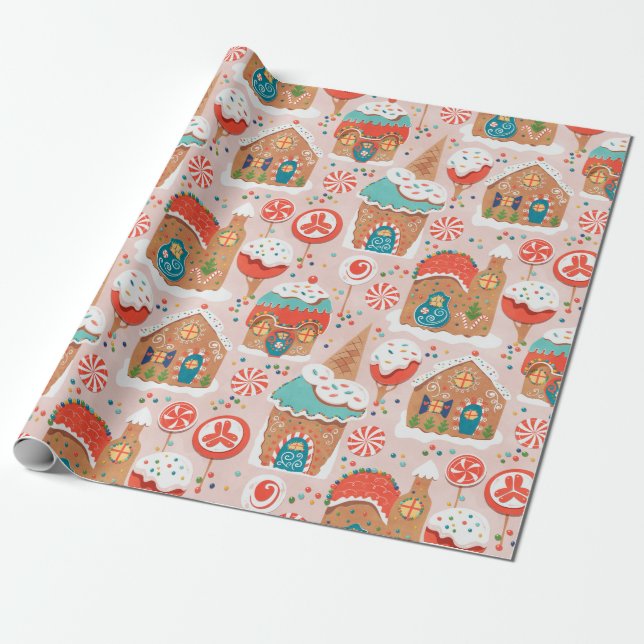 Papier Cadeau Maisons de pain d'épice et terre de bonbons (Déroulé)