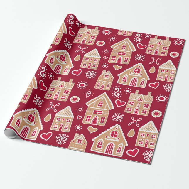 Papier Cadeau Maisons en pain d'épice de Noël en rouge (Déroulé)