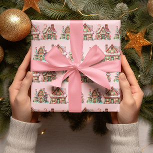 Papier Cadeau Maisons en pain d'épice rose pastel adorables