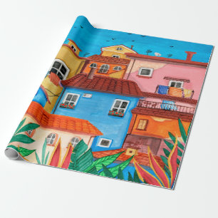 Papier Cadeau Maisons italiennes. Gouache tirée à la main