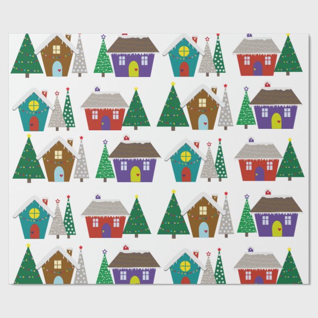 Papier Cadeau Maisons neigeuses mignonnes - papier d'emballage (Plat)