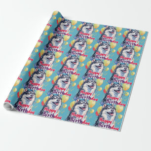 Papier Cadeau Malamute d'Alaska avec ballons Anniversaire