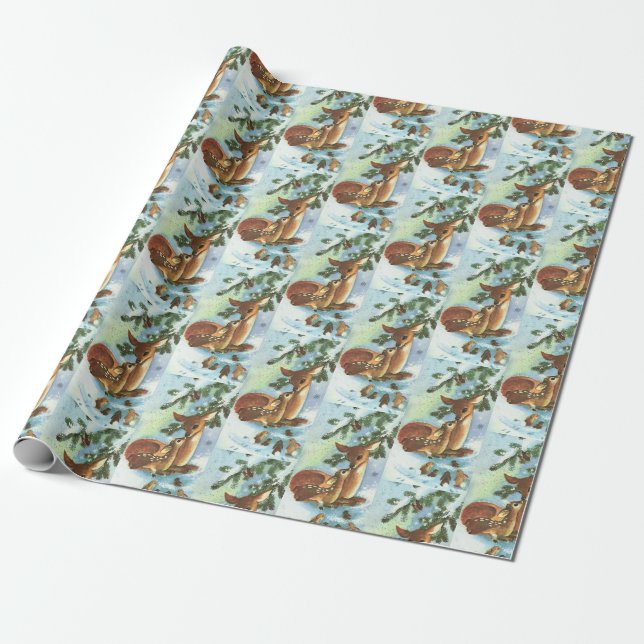 Papier Cadeau Mama et Baby Deer Motif Noël rétro (Déroulé)