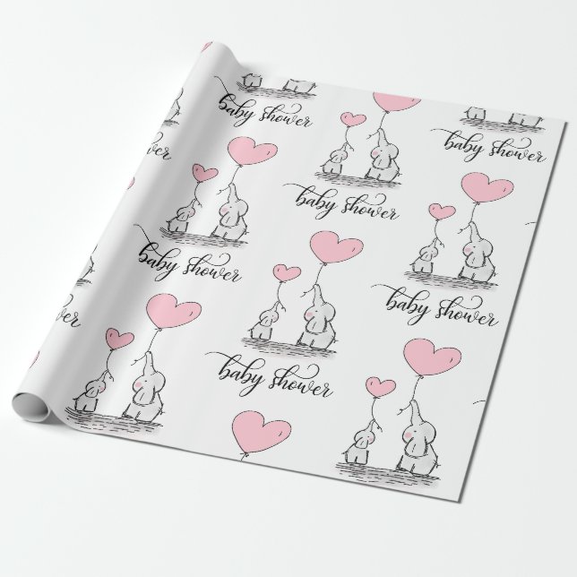 Papier Cadeau Maman éléphante & Baby shower rose gris blanc fill (Déroulé)