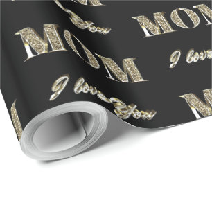 Papier Cadeau Maman I Love You Black and Gold Sparkles Typograph