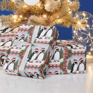 Papier Cadeau Manchots de Noël et sapin de Noël