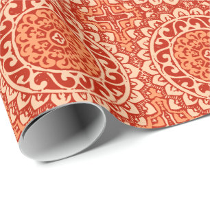 Papier Cadeau Mandala Batik Soleil du Sud-Ouest, Orange Corail