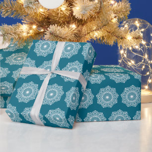 Papier Cadeau Mandala blanc sur fond bleu
