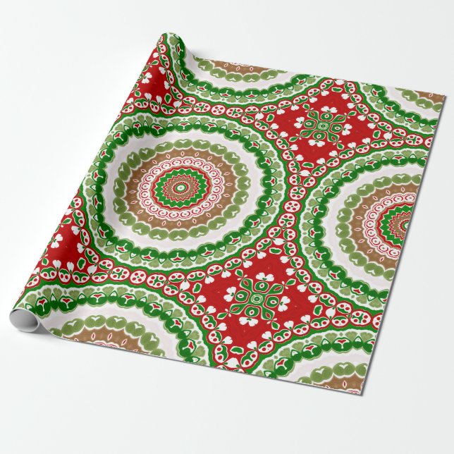 Papier Cadeau Mandala de Noël en or rouge, vert et chaud (Déroulé)