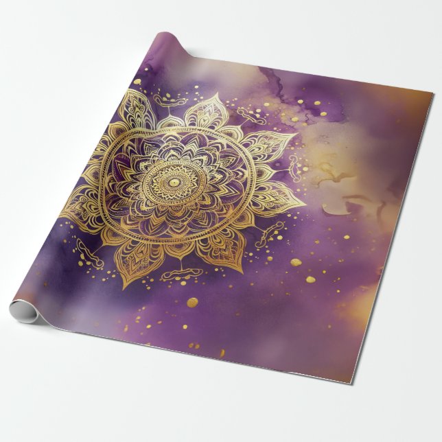 Papier Cadeau Mandala d'or sur découpage couleur d'eau violet (Déroulé)