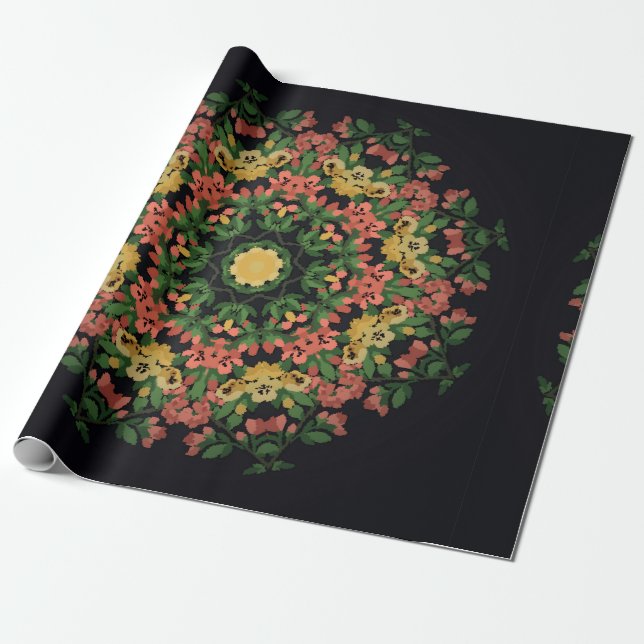 Papier Cadeau Mandala floral clair aux fleurs rouges et jaunes. (Déroulé)