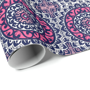 Papier Cadeau Mandala, fuchsia, marine et blanc du sud-ouest de