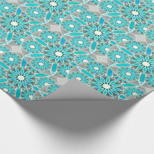 Papier Cadeau Mandala motif, turquoise, gris argenté et blanc