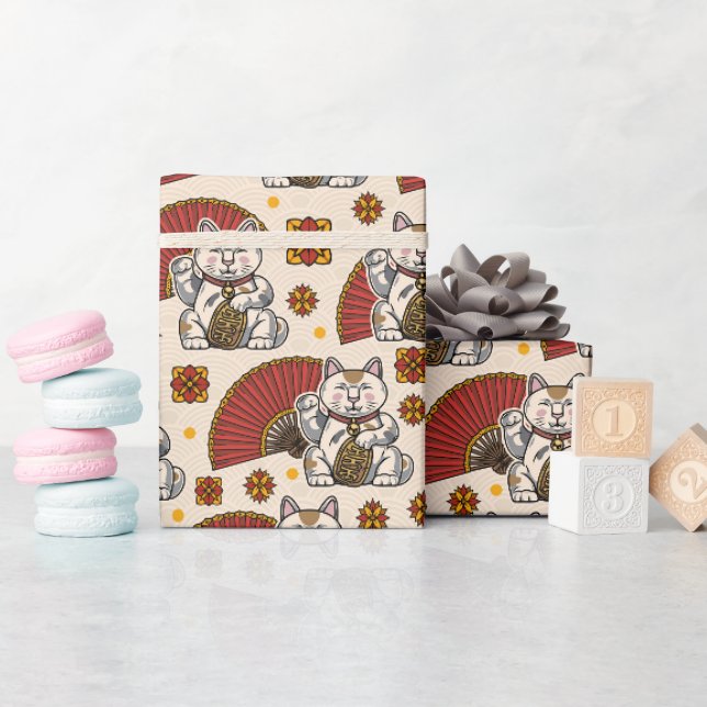 Papier Cadeau Maneki Neko Cat asiatique (Baby Shower)