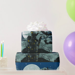 Papier Cadeau Manoir Hanté Chauves-Souris Pleine Lune Effrayant