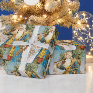 Papier Cadeau Manteau bleu vintage Santa Claus avec arbre de Noë