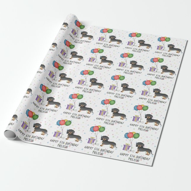 Papier Cadeau Manteau lisse noir et bronzé Dachshund Joyeux anni (Déroulé)