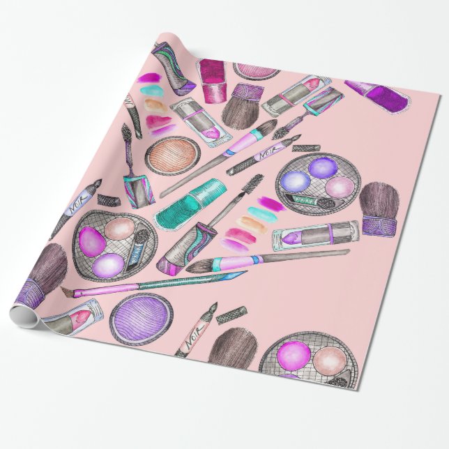 Papier Cadeau Maquillage peint à la main d'aquarelle de fille (Déroulé)