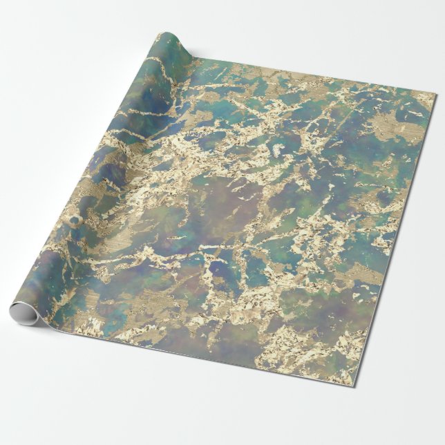 Papier Cadeau Marble Pastel Gold Blue Turquoise Strokes Idée cad (Déroulé)