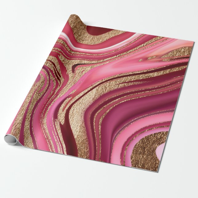 Papier Cadeau marbre Abstrait rose liquide avec parties scintill (Déroulé)