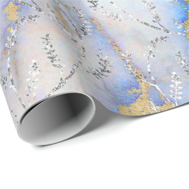 Papier Cadeau Marbre Argent gris bleu Océan Floral Foils Laurel (Coin rond)